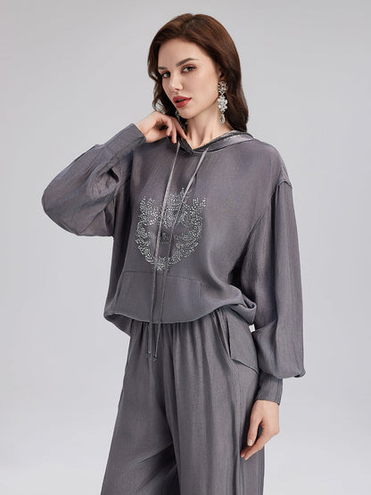 El Yapımı Taşlı Kapüşonlu Sweatshirt