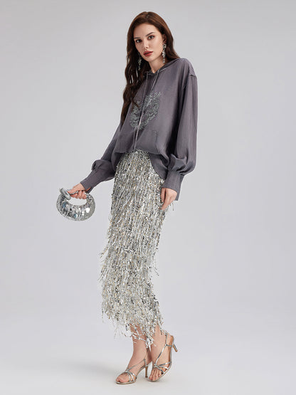 El Yapımı Taşlı Kapüşonlu Sweatshirt