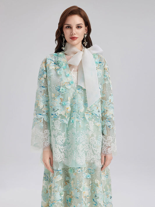 El Yapımı Dantel Nakışlı V Yaka Ceket