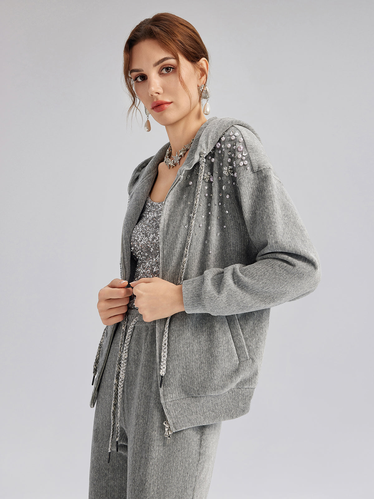 Şönil Fitilli Boncuklu Kapüşonlu Fermuarlı Ceket