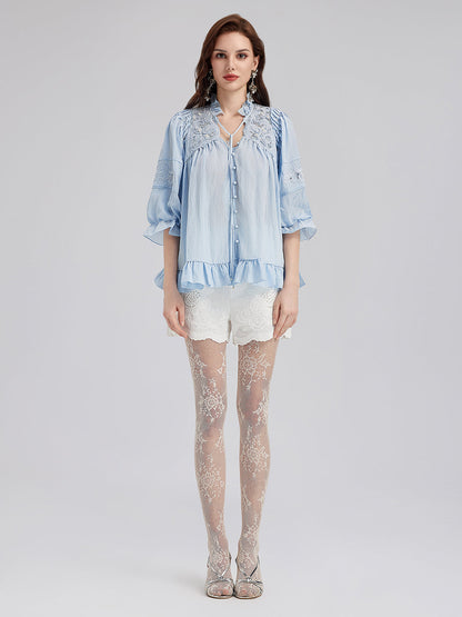 Boncuklu Dantel Nakışlı Volanlı Bluz