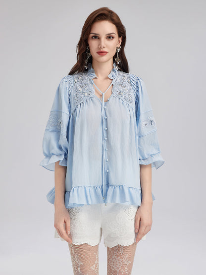 Boncuklu Dantel Nakışlı Volanlı Bluz