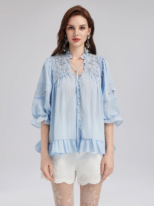 Boncuklu Dantel Nakışlı Volanlı Bluz
