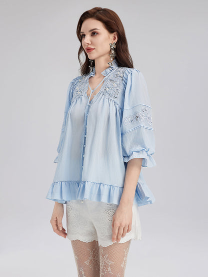 Boncuklu Dantel Nakışlı Volanlı Bluz