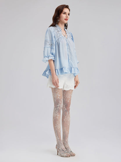 Boncuklu Dantel Nakışlı Volanlı Bluz