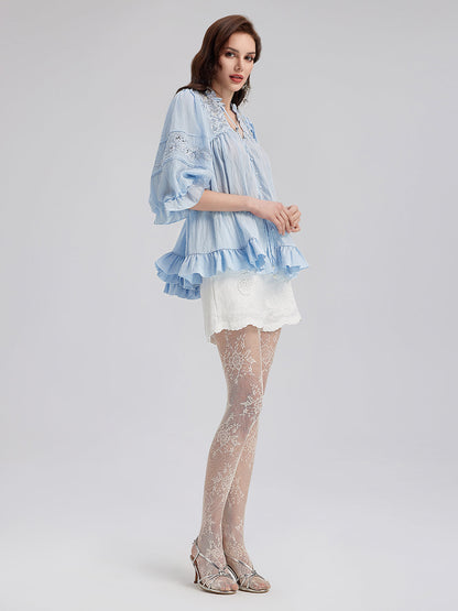 Boncuklu Dantel Nakışlı Volanlı Bluz