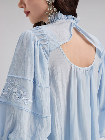 Boncuklu Dantel Nakışlı Volanlı Bluz