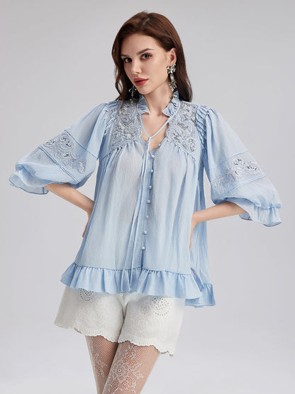 Boncuklu Dantel Nakışlı Volanlı Bluz