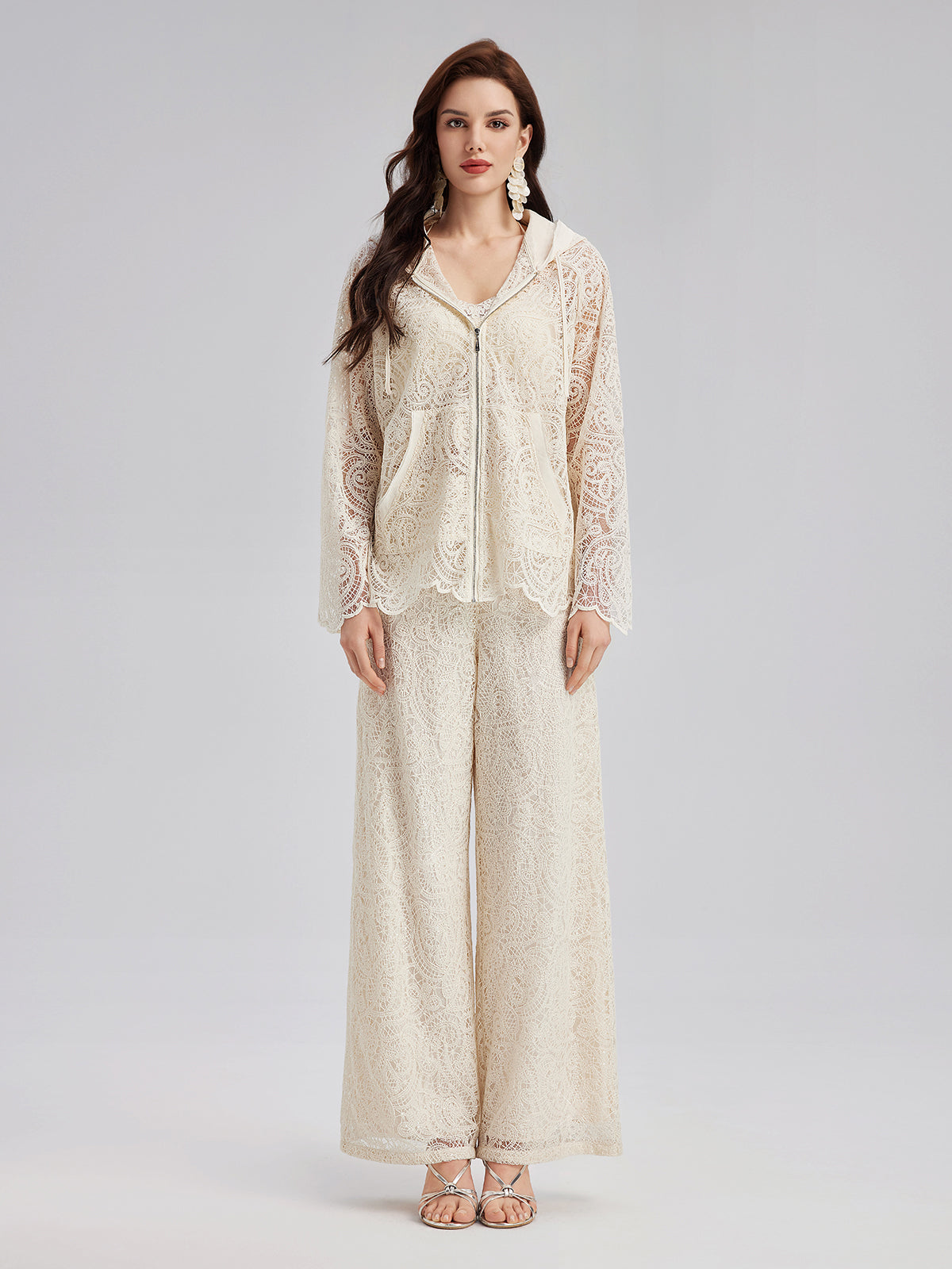 Fransız Dantel Çiçekli Bol Paça Pantolon