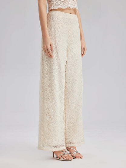 Fransız Dantel Çiçekli Bol Paça Pantolon