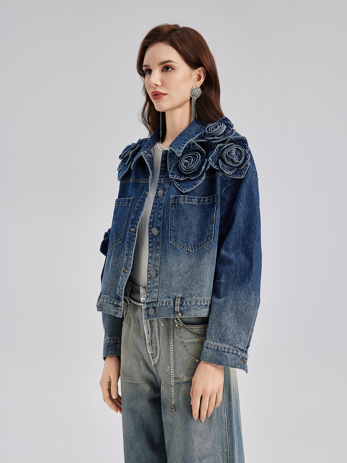 El Yapımı Çiçekli Renk Geçişli Kot Ceket