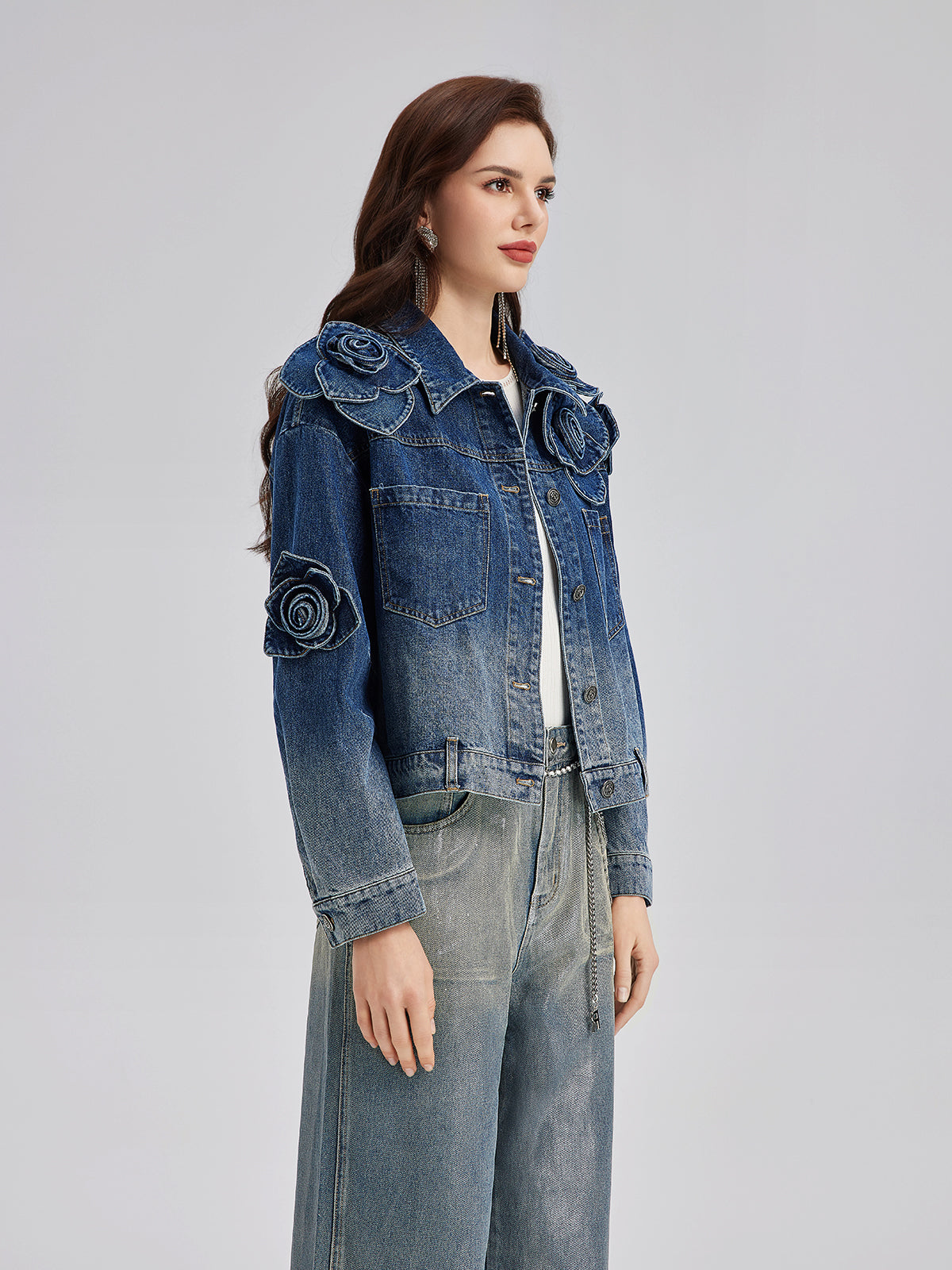 El Yapımı Çiçekli Renk Geçişli Kot Ceket