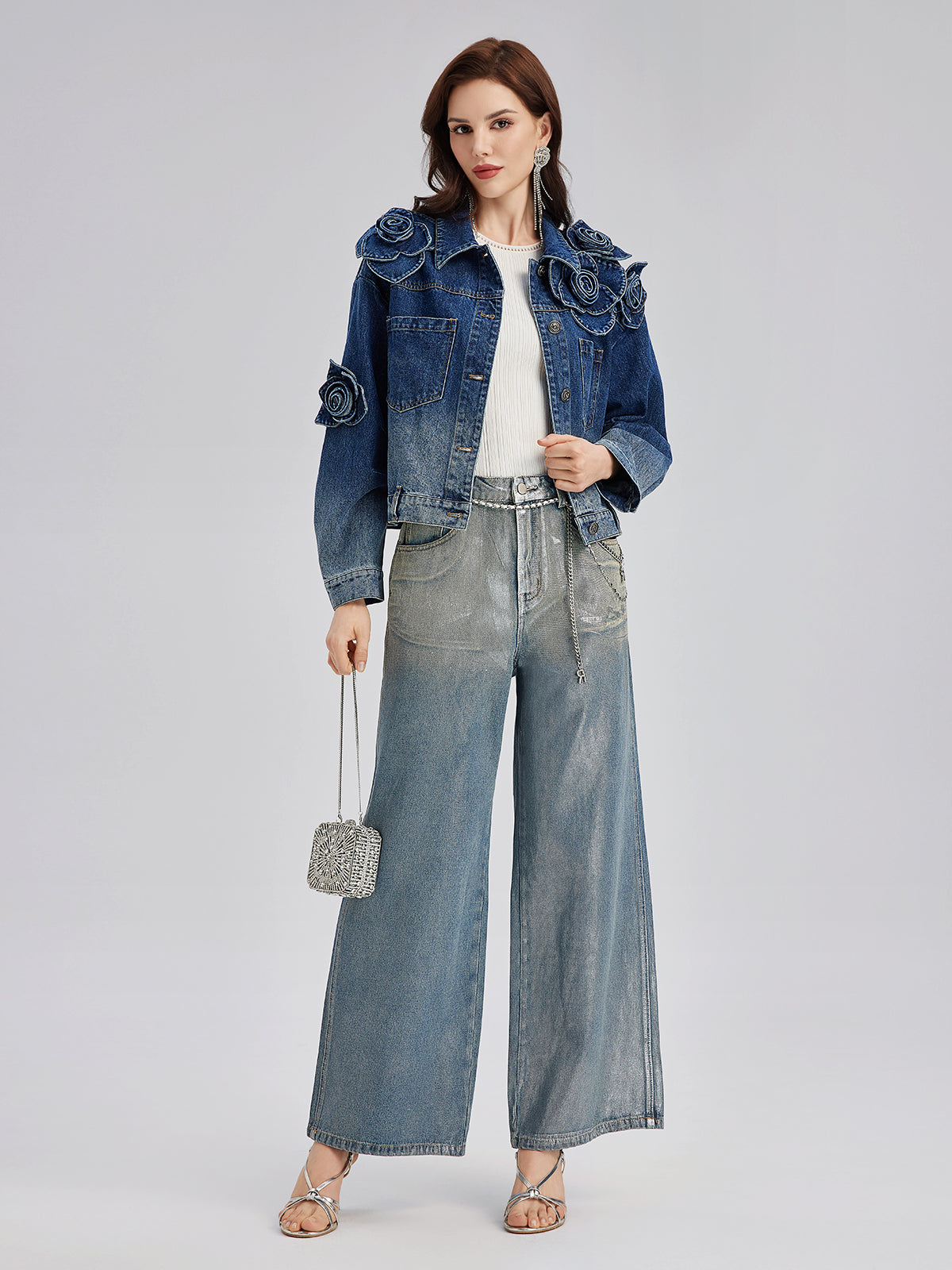 El Yapımı Çiçekli Renk Geçişli Kot Ceket