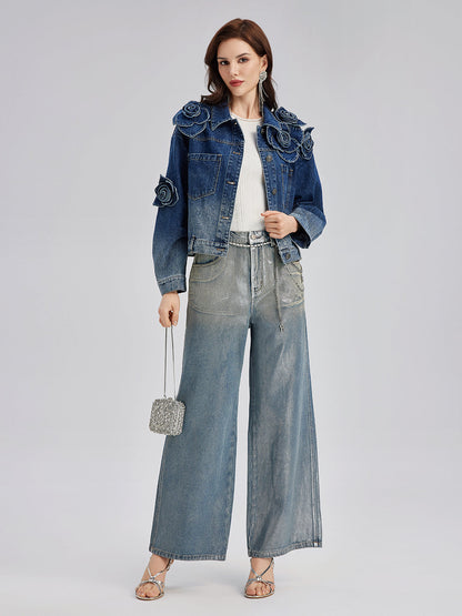 El Yapımı Çiçekli Renk Geçişli Kot Ceket