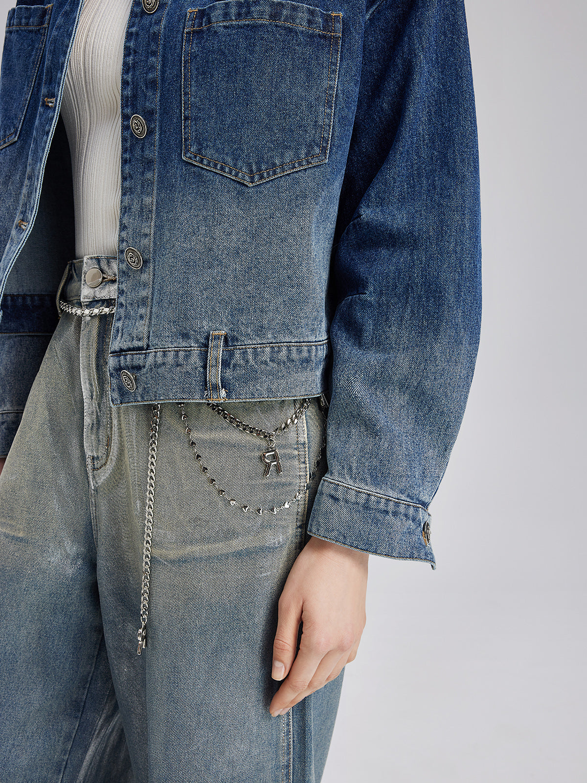 El Yapımı Çiçekli Renk Geçişli Kot Ceket