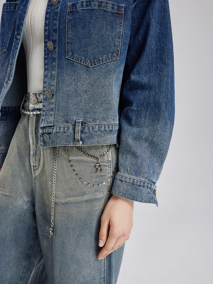 El Yapımı Çiçekli Renk Geçişli Kot Ceket