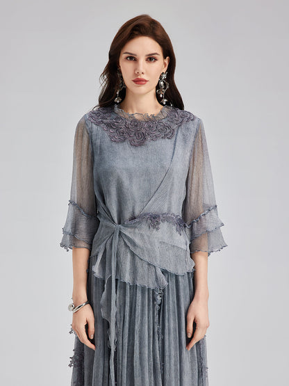 Şık Dantel Boyamalı İpek Bluz