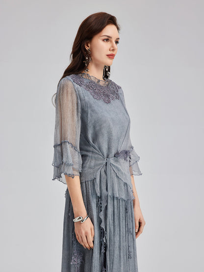 Şık Dantel Boyamalı İpek Bluz