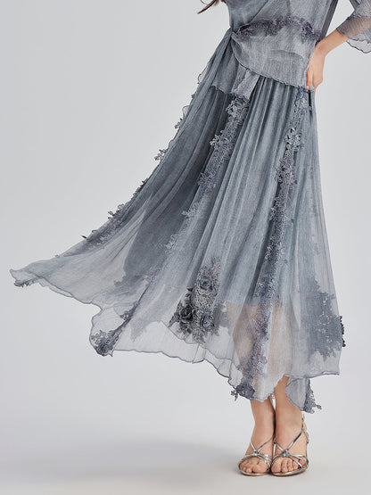 Şık 3 Boyutlu Dantel Boyamalı İpek Etek