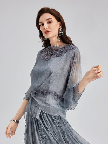 Şık Dantel Boyamalı İpek Bluz