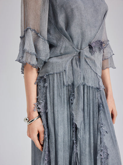 Şık Dantel Boyamalı İpek Bluz