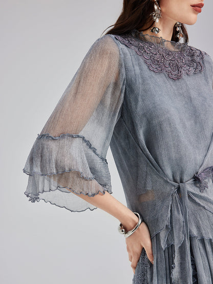 Şık Dantel Boyamalı İpek Bluz