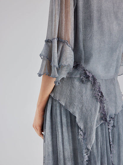 Şık Dantel Boyamalı İpek Bluz