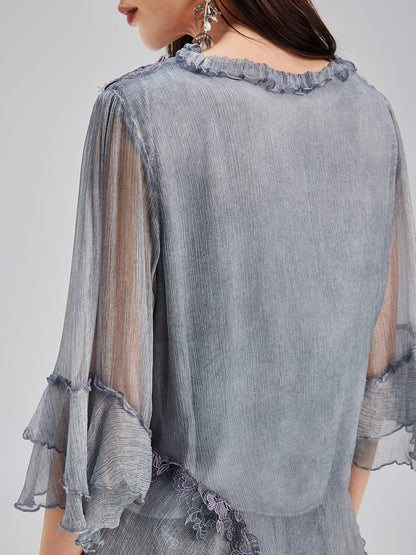 Şık Dantel Boyamalı İpek Bluz