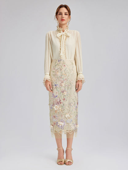 Pileli Dantel Fırfırlı Papyonlu Bluz