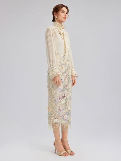 Pileli Dantel Fırfırlı Papyonlu Bluz