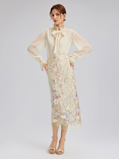 Pileli Dantel Fırfırlı Papyonlu Bluz