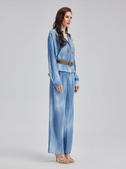 Aplike Nakışlı Kot Renk Geçişli Gömlek