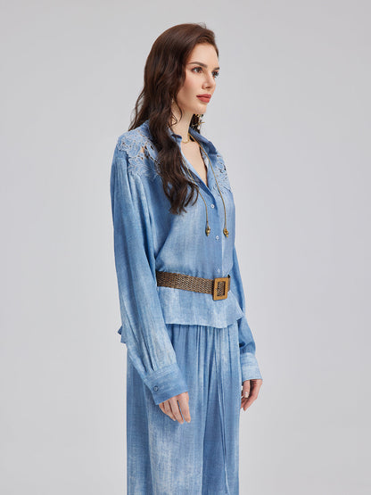 Aplike Nakışlı Kot Renk Geçişli Gömlek