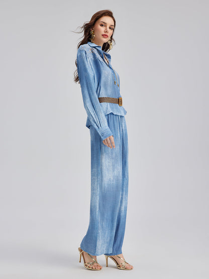 Aplike Nakışlı Kot Renk Geçişli Gömlek