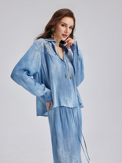 Aplike Nakışlı Kot Renk Geçişli Gömlek