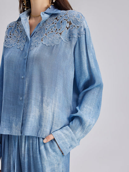 Aplike Nakışlı Kot Renk Geçişli Gömlek