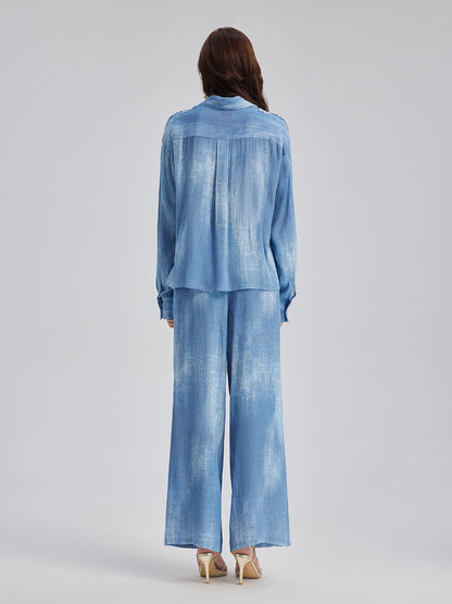 Aplike Nakışlı Kot Renk Geçişli Gömlek