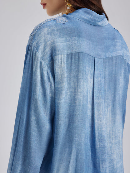 Aplike Nakışlı Kot Renk Geçişli Gömlek