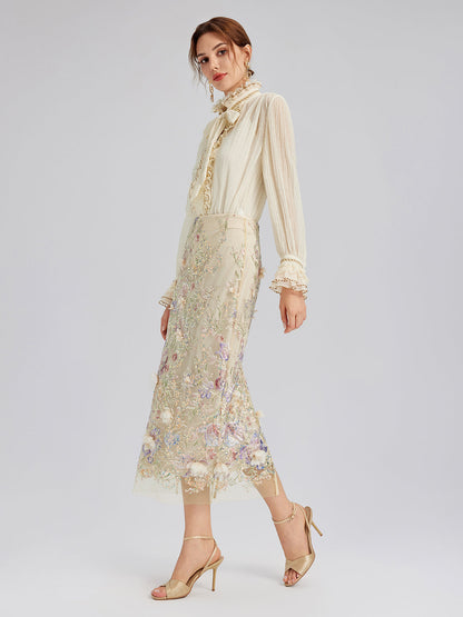 Pileli Dantel Fırfırlı Papyonlu Bluz