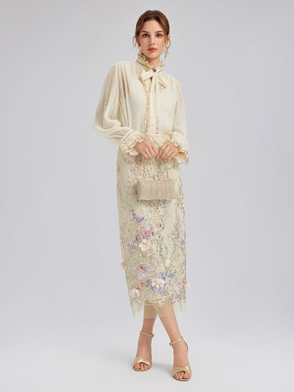 Pileli Dantel Fırfırlı Papyonlu Bluz