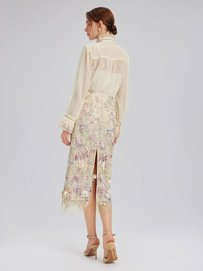 Pileli Dantel Fırfırlı Papyonlu Bluz