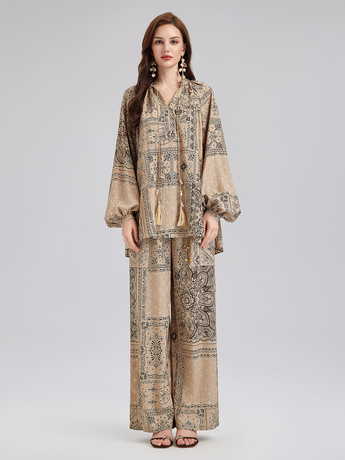 Şal Desenli Pamuk-Keten Rahat Tatil Bluzu