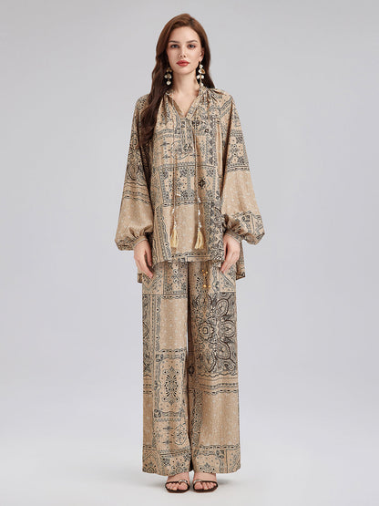 Şal Desenli Pamuk-Keten Rahat Tatil Bluzu