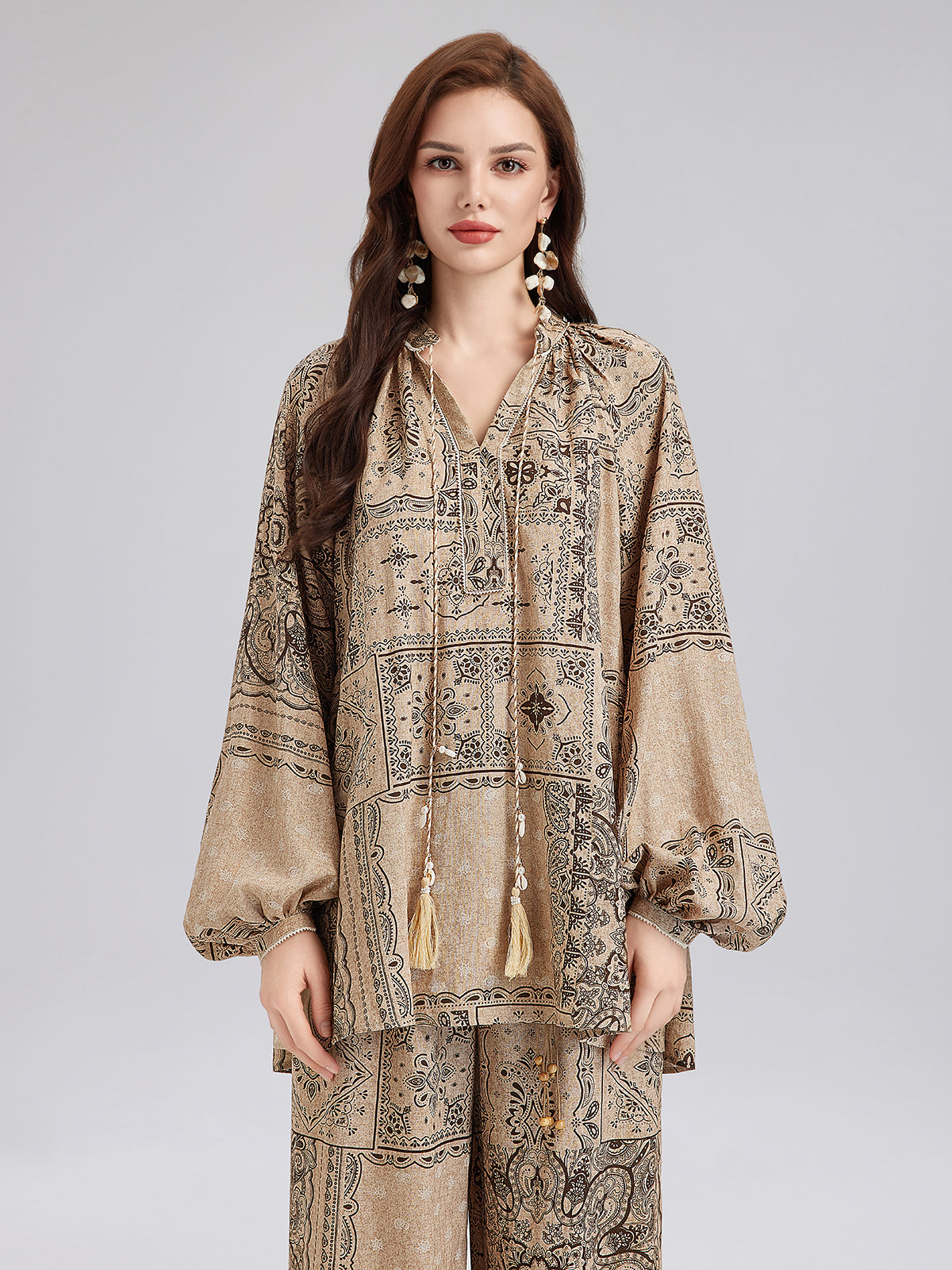 Şal Desenli Pamuk-Keten Rahat Tatil Bluzu