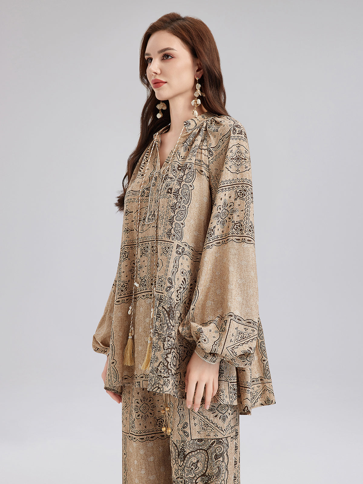 Şal Desenli Pamuk-Keten Rahat Tatil Bluzu