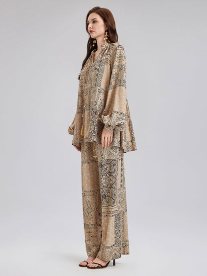 Şal Desenli Pamuk-Keten Rahat Tatil Bluzu