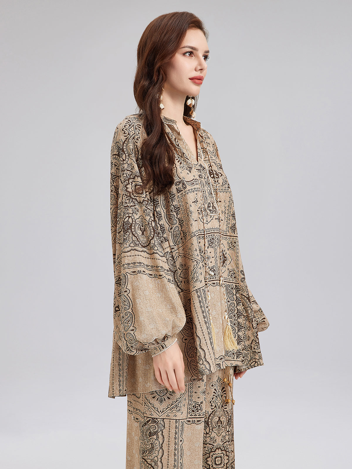 Şal Desenli Pamuk-Keten Rahat Tatil Bluzu