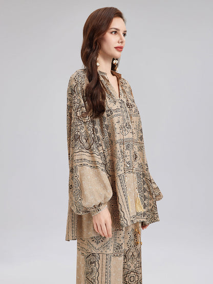 Şal Desenli Pamuk-Keten Rahat Tatil Bluzu