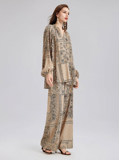 Şal Desenli Kemerli Tatil Pantolonu