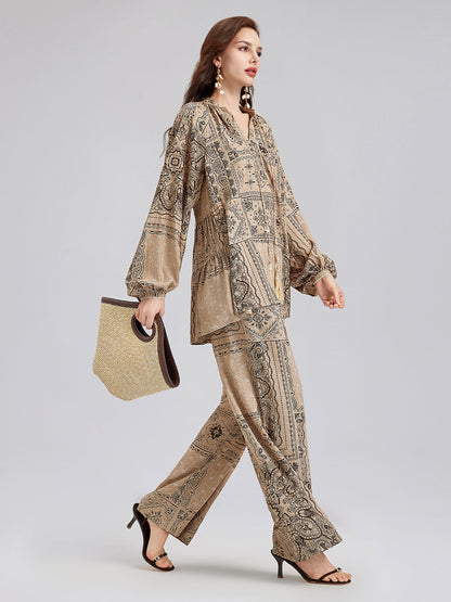 Şal Desenli Pamuk-Keten Rahat Tatil Bluzu